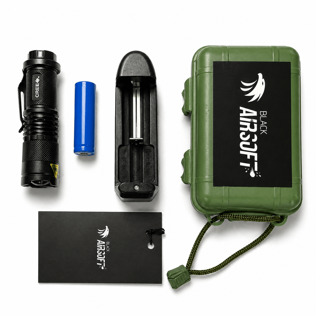 Mini Black Airsoft CREE zseblámpa újratölthető akkumulátorral és töltővel