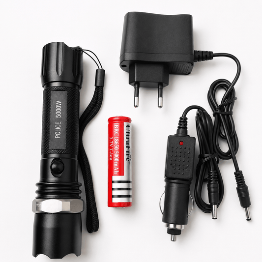 POLICE 5000W taktikai LED lámpa fekete Airsoft szett autós töltővel